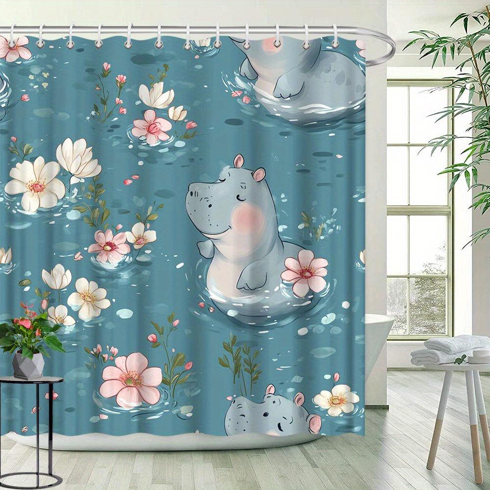 Hippopotamus & Floral Pattern Shower Curtain - Bathtub Partition, Hanging Cloth, Polyester Bathroom Decor,  12 Hooks