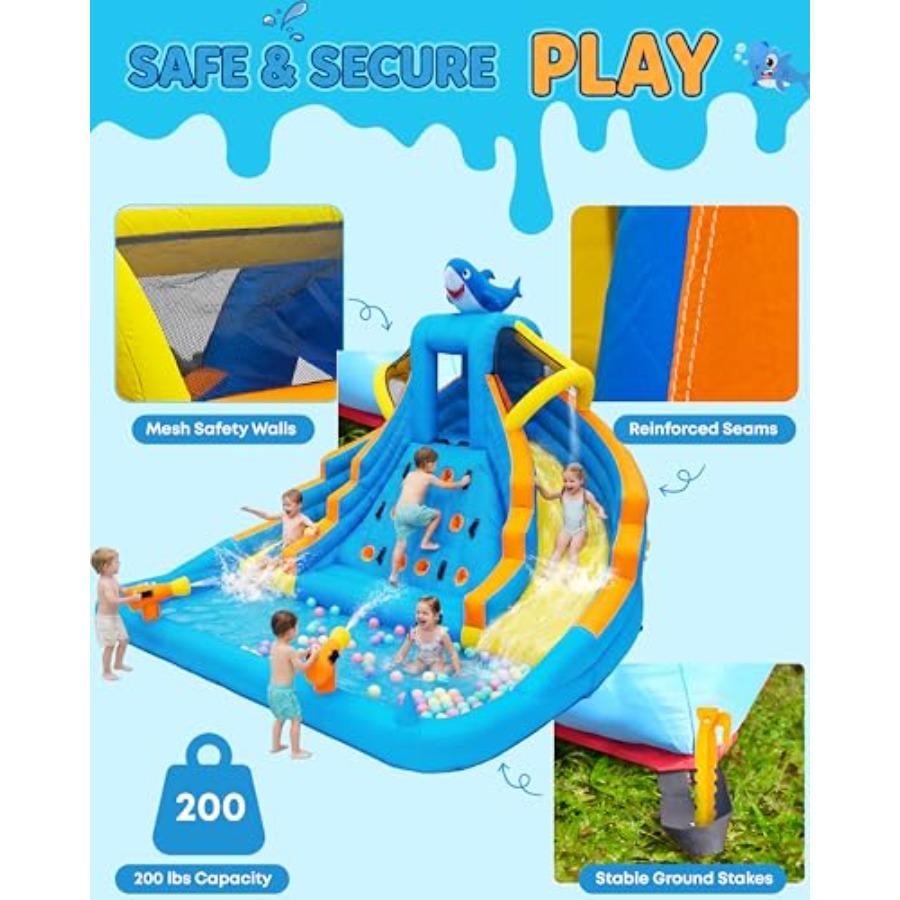 Backyard kids inflatable water slide bounce house: PVC, blue/red, 13ft double lane with splash pool, climbing wall, water canno
