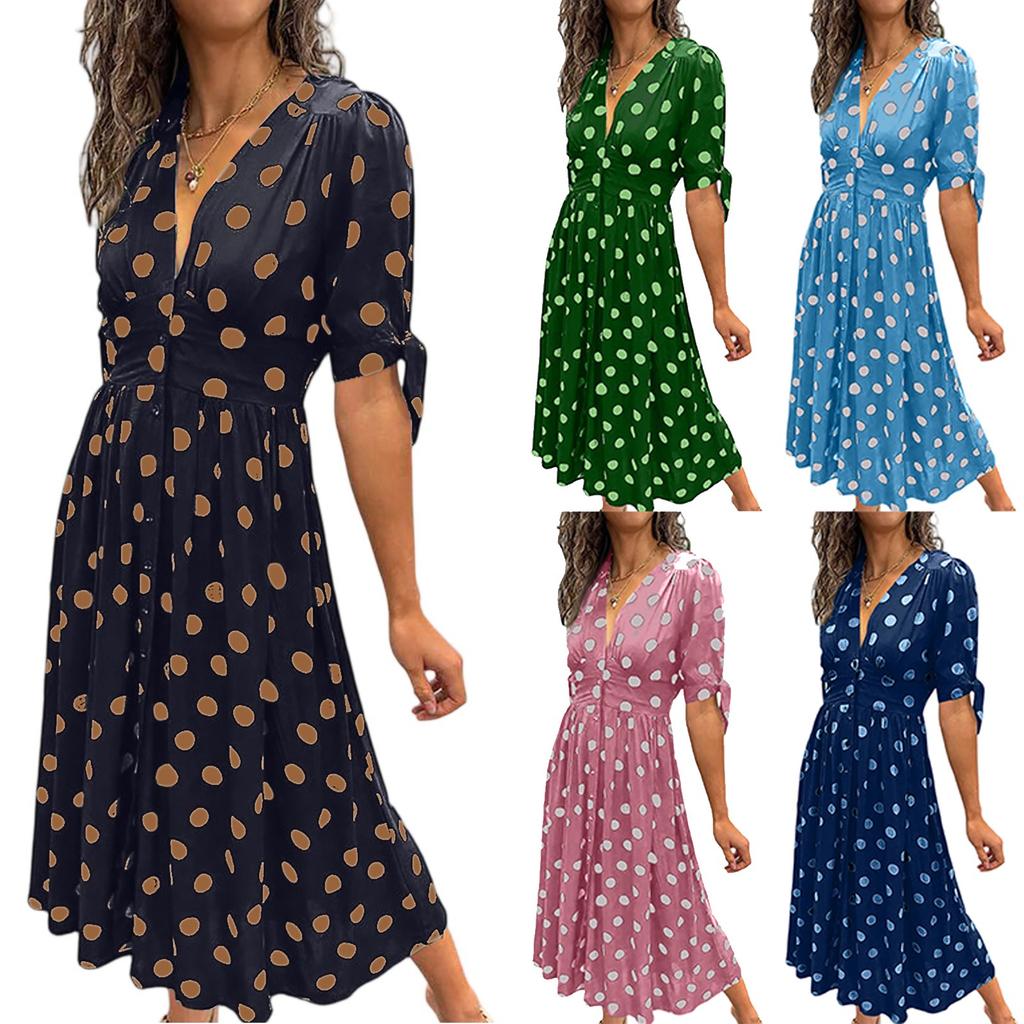 Ladies' Loose Comfortable Casual And Fashionable Summer Deep V-wave Printed Short Sleeved Waist Cinched Dress