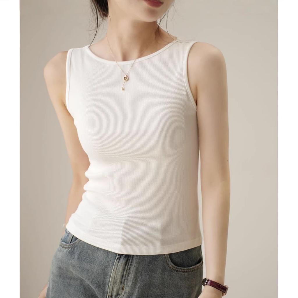Summer new threaded versatile vest slim-fitting sleeveless tight top slimming one-word collar top trendy
