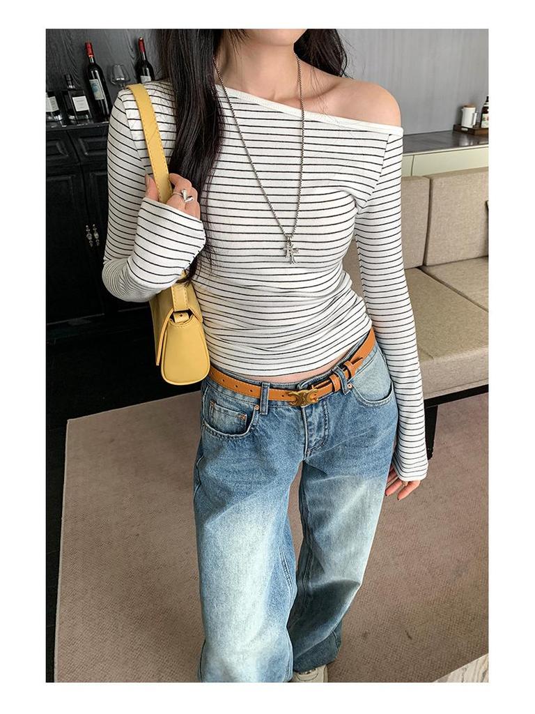 Chic Spicy Girl Striped One-Shoulder Slim Long-Sleeve Top – Women's Autumn/Winter Korean Style