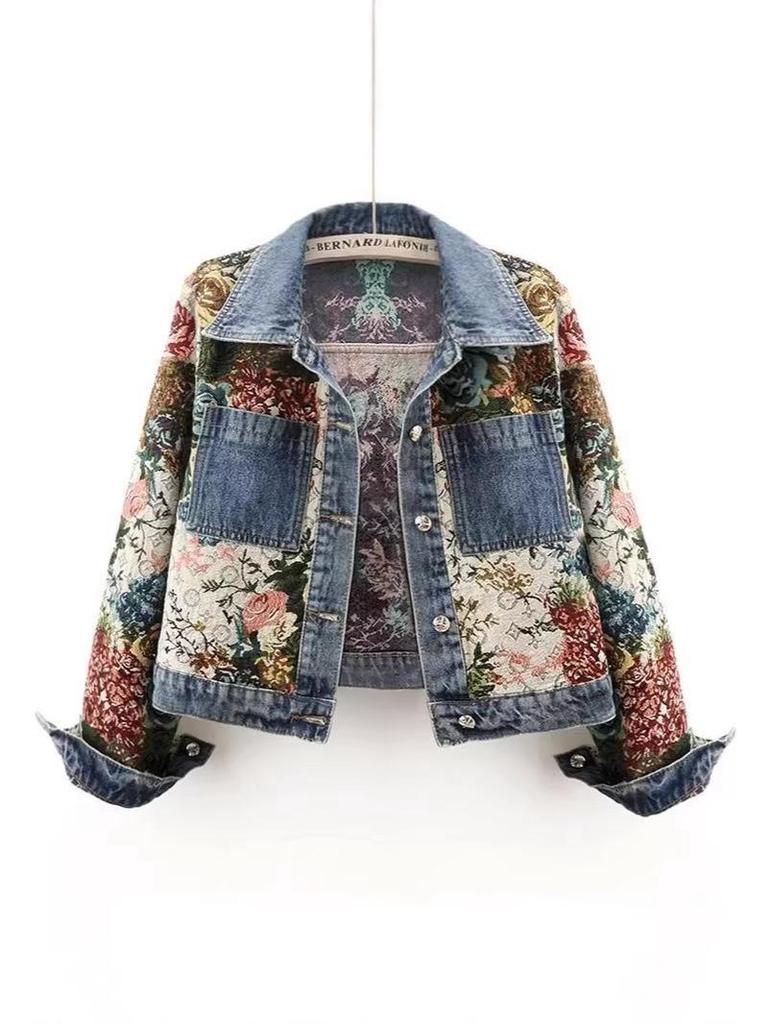 Dámská univerzální retro džínová bunda s patchworkem - Trendy dlouhý rukáv, malý límec