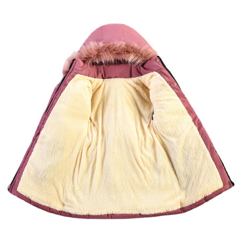 Winter Koreanischer Mädchen-Baumwollmantel mittlerer Länge mit herzförmigem Rautenmuster und Kapuze mit Pelzkragen