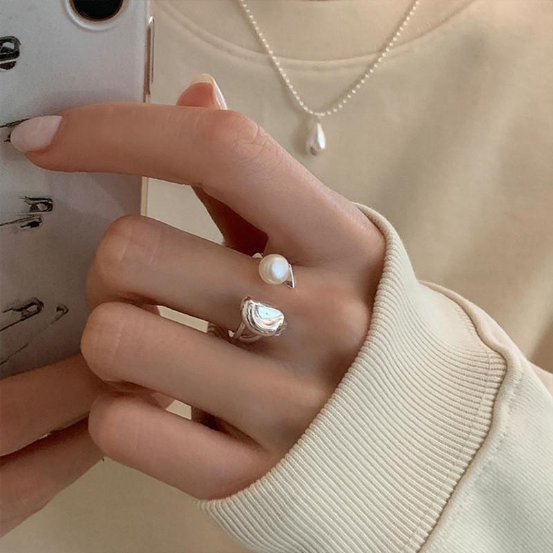 Chic Minimalist Geometric Open Ring For Women Stylish Pearl Accent Adjustable Size