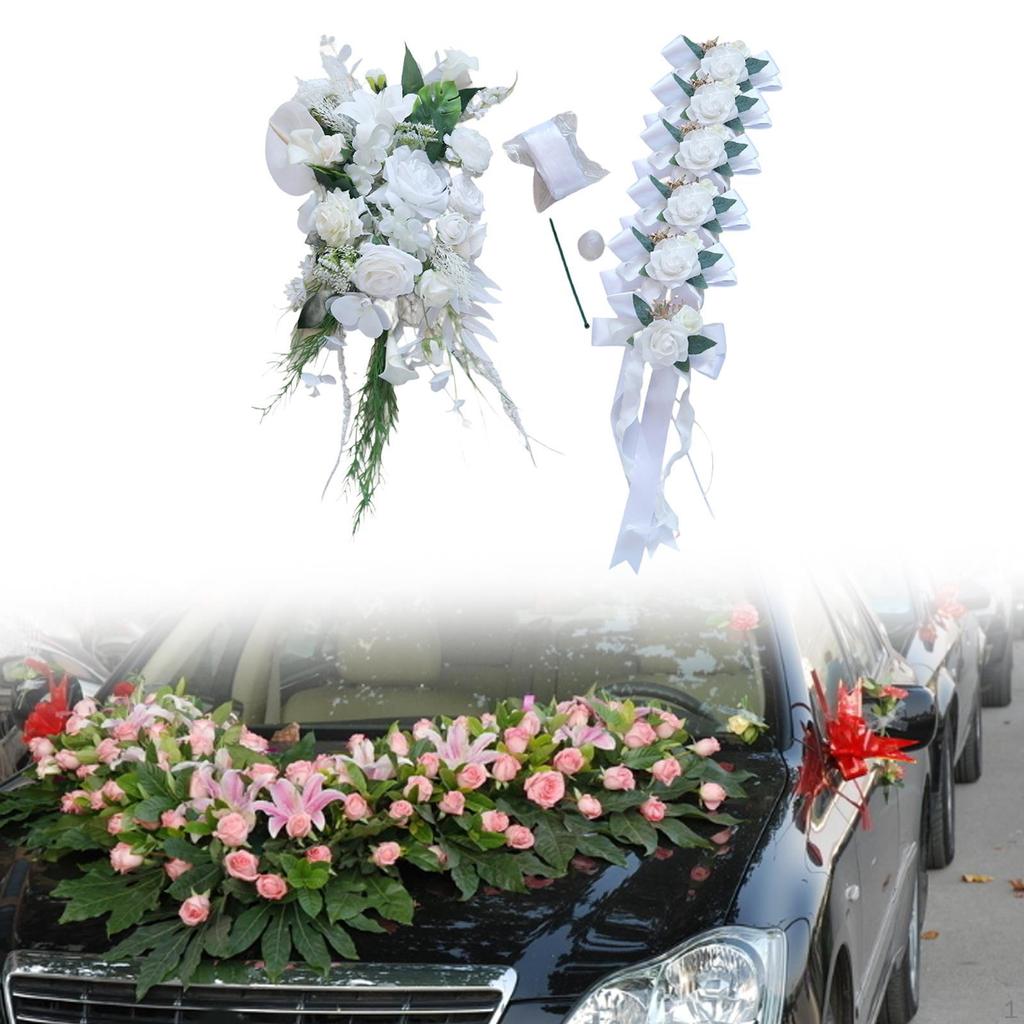 Wedding Car Decoration Set and Bows Bouquet DIY Simulation Flowers Ribbons for
