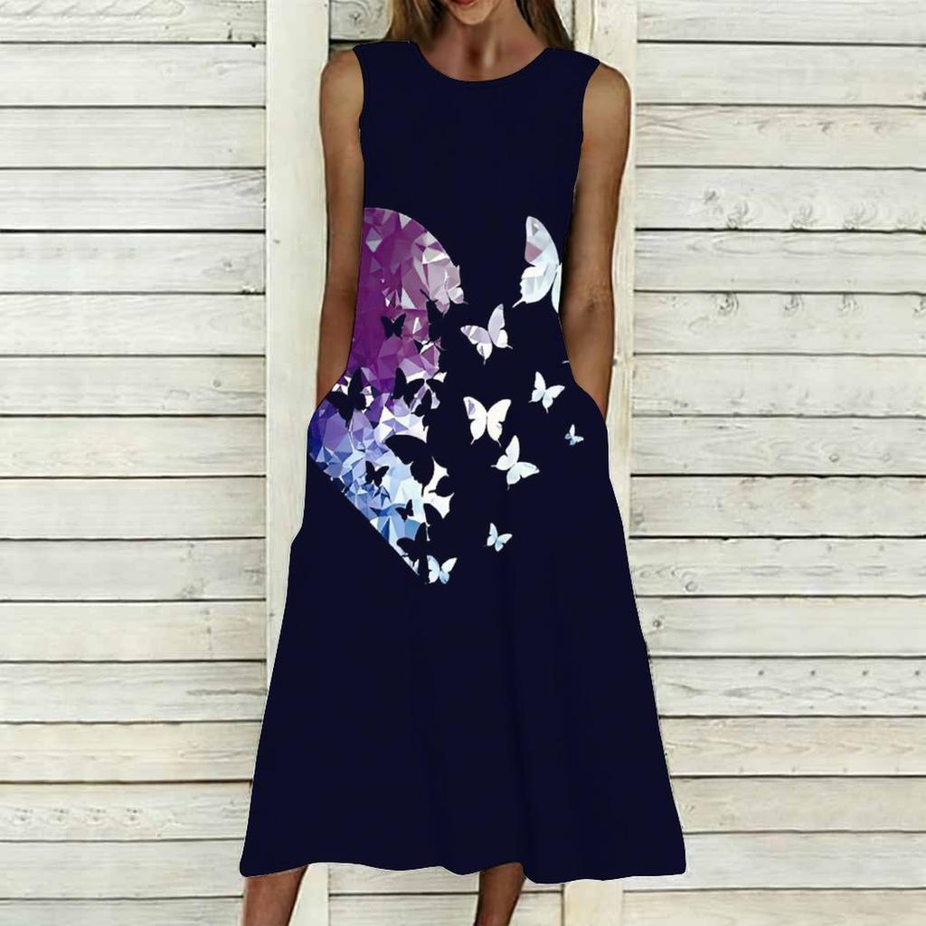 Plus Size Ladies Sleeveless Round Neck Dress Bold Tropical Palm Leaves Flowy Calf Length Dress