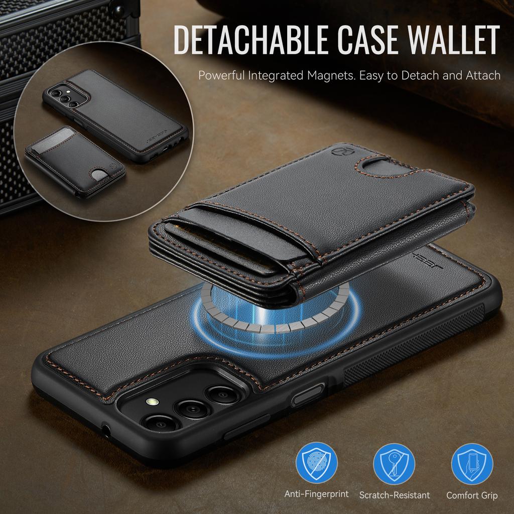 For Samsung Galaxy A14 4G/Galaxy M44 5G/Galaxy A14 5G Magnetic Case JEEHOOD J10 Leather Back Phone Cover with Detachable Card Holder Kickstand