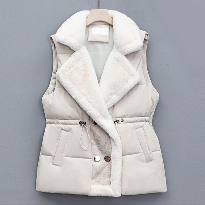Winter Cotton Fur Integrated Down Vest Womens Puffer Vest Stand Collar Button Down Padded Jacket with Drawstring Waistcoat