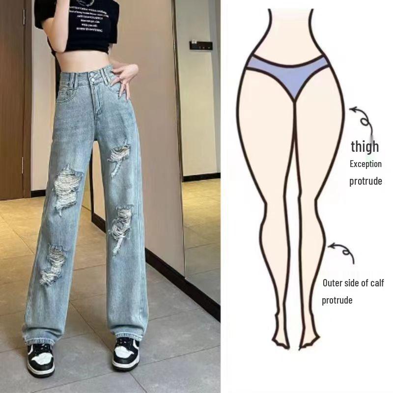 

Женские джинсы больших размеров с легкими потертостями - Высокая посадка, Свободные широкие штанины, Прямые, Длина до пола Medium светло-синий