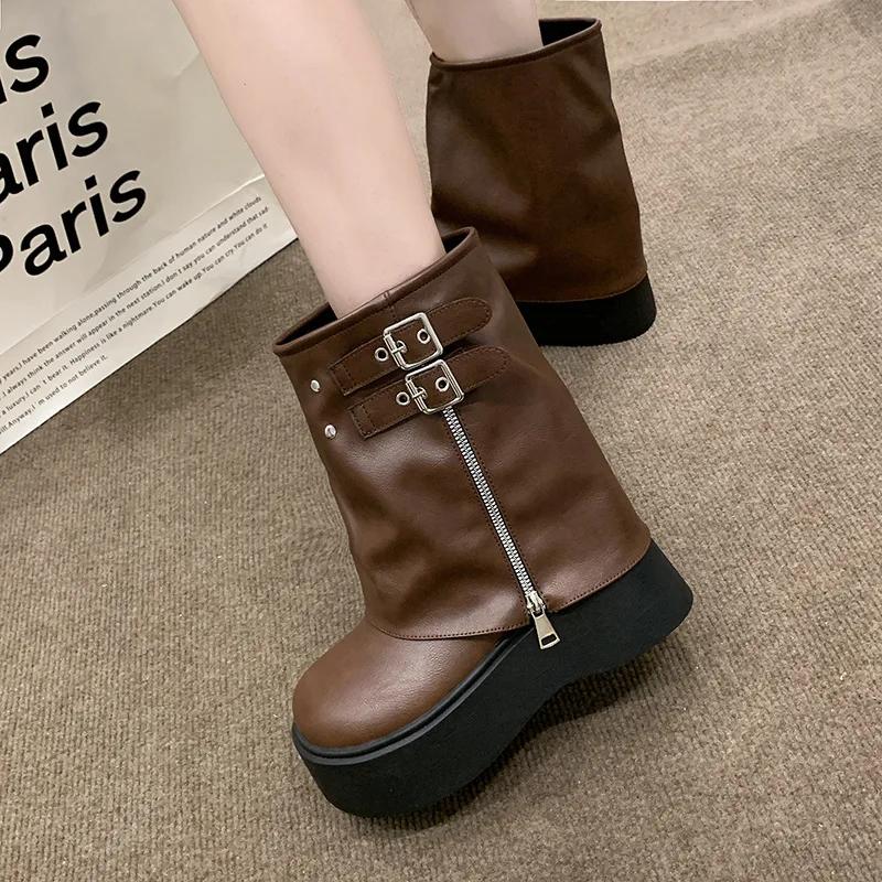 Soft Leather Ankle Mid Calf Boots Winter Autumn High Platform Wedge British Booties Woman New Ladies Chunky Motorcycle Boots 9CM