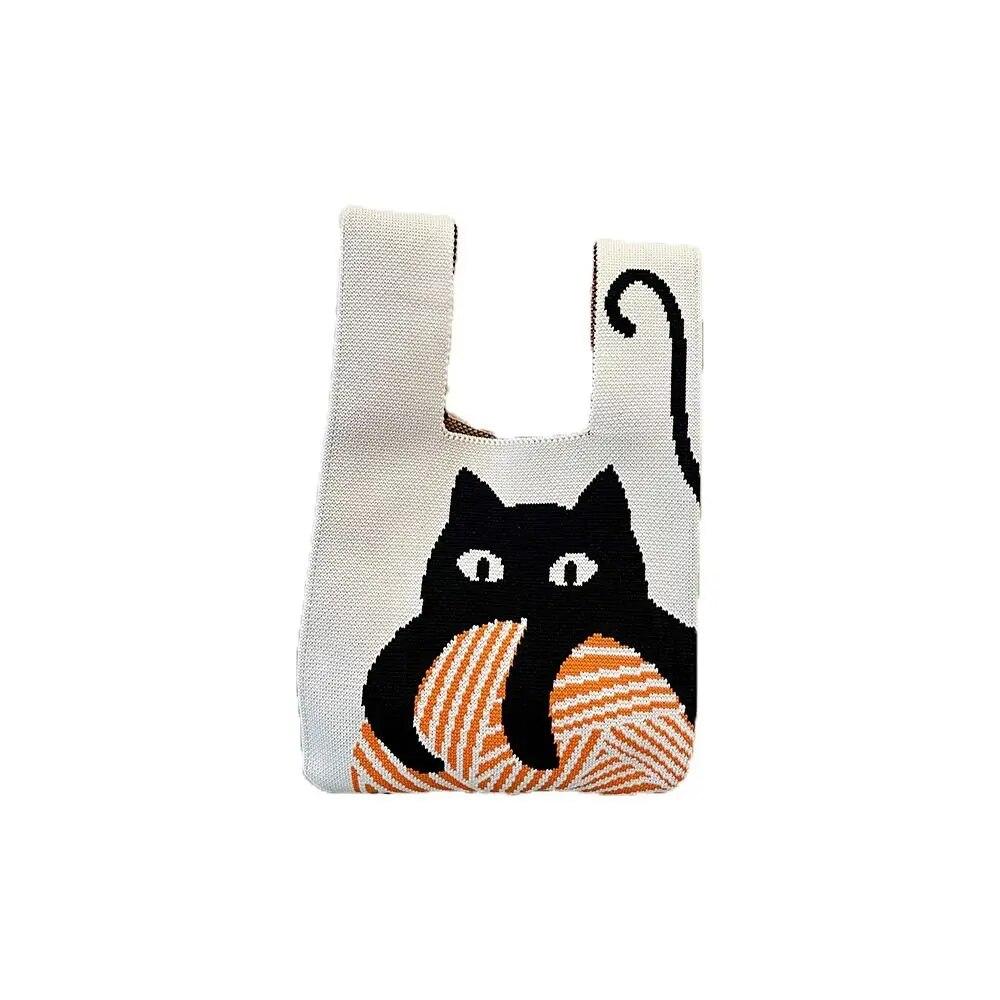 Fashion Handmade Cat Knit Handbag Casual Color Tote Bag Student Reusable Shopping Bags Women Mini Knot Wrist Bag