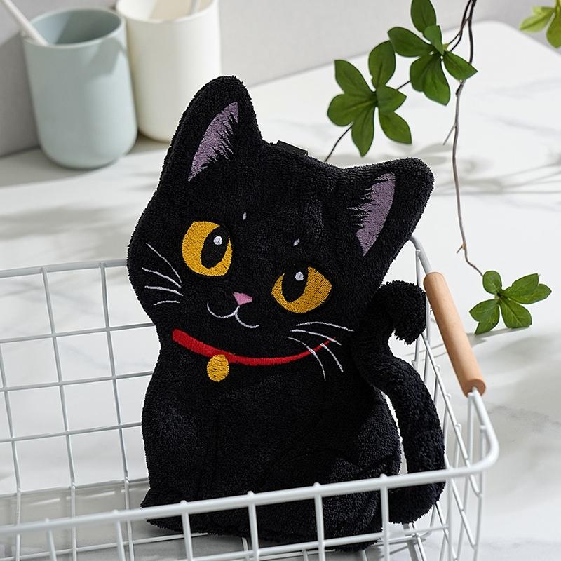 Thickened Cartoon Black Cat Hand Towel Cute Lucky Cat Plush Absorbent Towel Black Cat Strong Absorbent Hand Towel