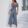 Women's Square Neck Puff Sleeve Wide Leg Printed Jumpsuit