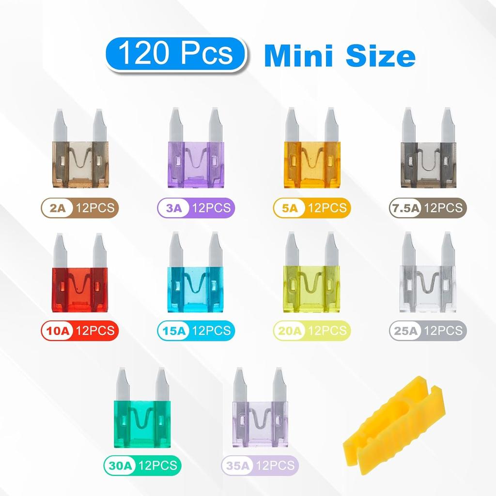120 Pieces Mini Fuse Kit, Car Fuses Assortment Kit -Mini Size(2A/3A/5A/7.5A/10A/15A/20A/25A/30A/35A), Fuses Automotive Kit For Cars, Trucks,