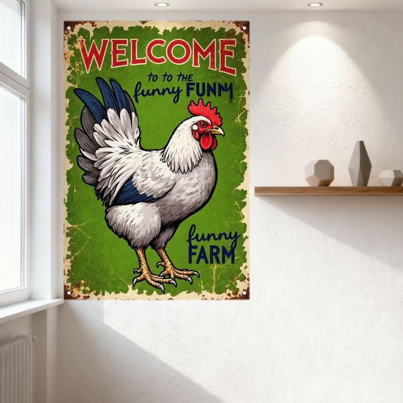 Vintage Rustic Metal Tin Sign, Welcome to Funny Farm with Rooster Chicken, Distressed Retro Wall Decor for Home Bar Café Man Cav