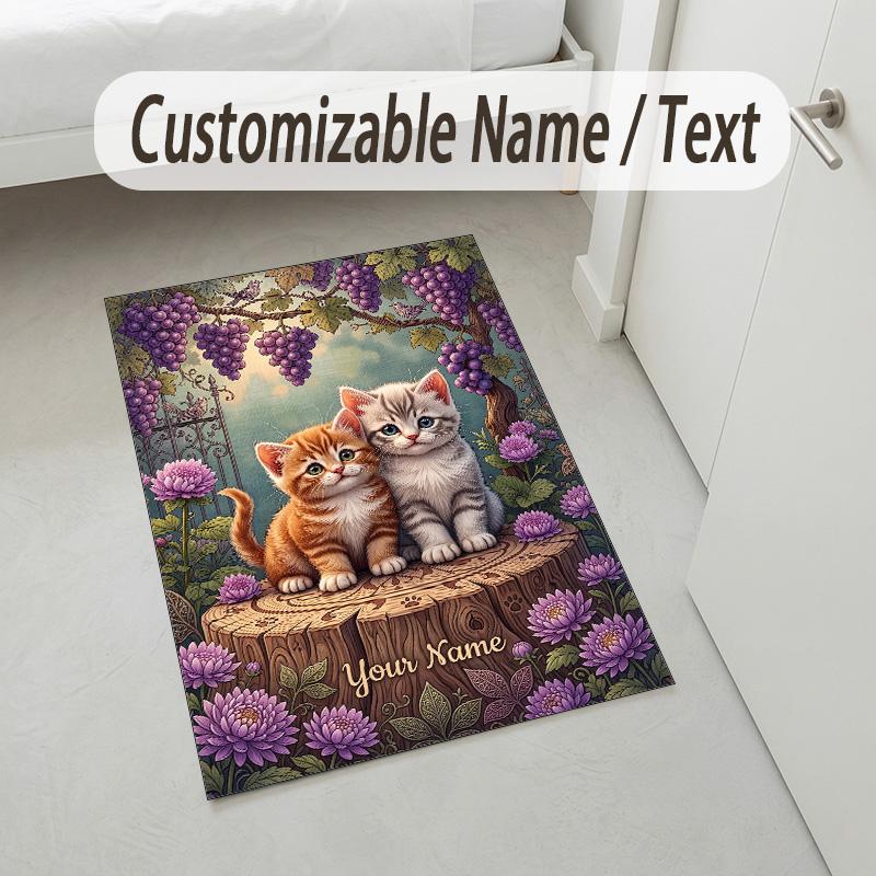 Kittens Theme Soft Crystal Velvet Rug Custom Name & Text Print Non Slip Floor Rug for Bedroom Living Room