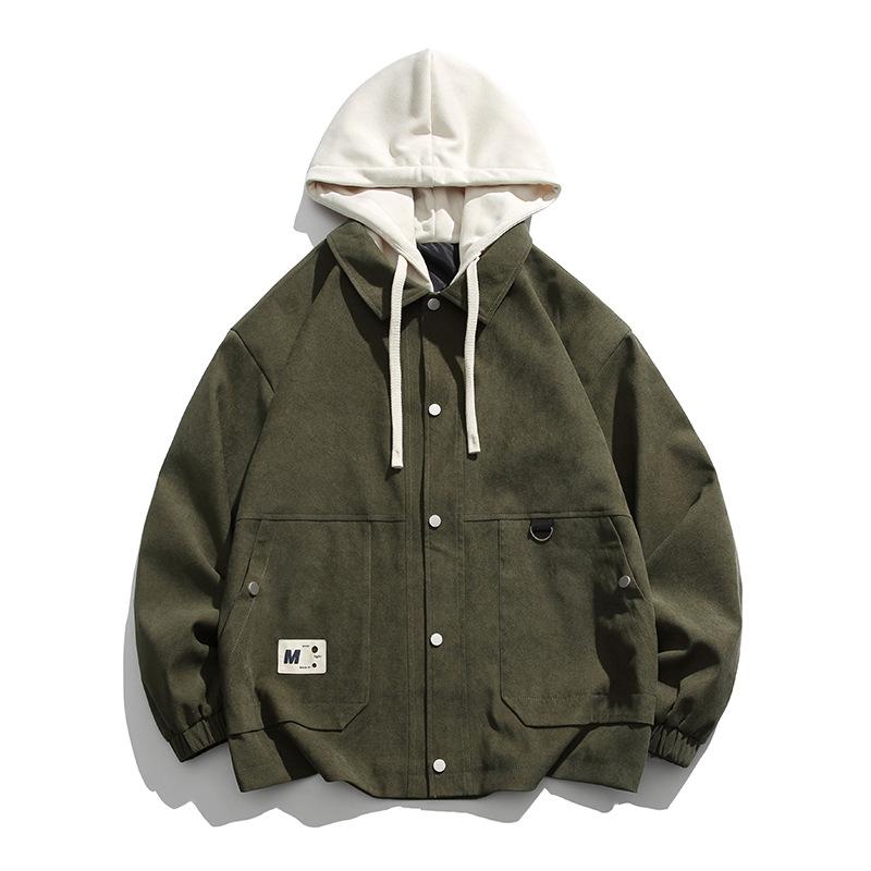 Spring and Autumn New Jacket Hooded Fake Two-piece Trendy Loose Casual Jacket Workwear Couple Fashion Jacket Men