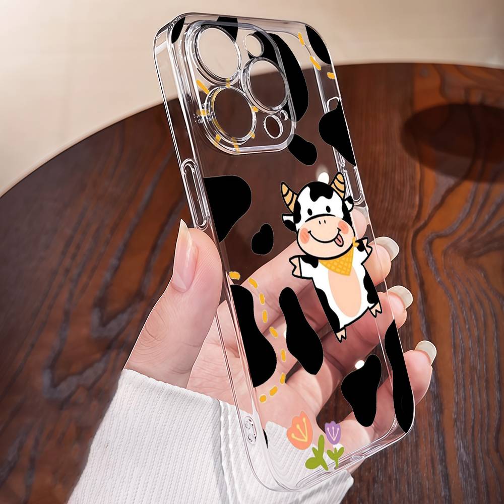 

Black White Cow Print Case For IPhone 17 16 15 14 13 12 Mini 11 Mini Pro Max Transparent Silicone Cover iPhone 15 pro