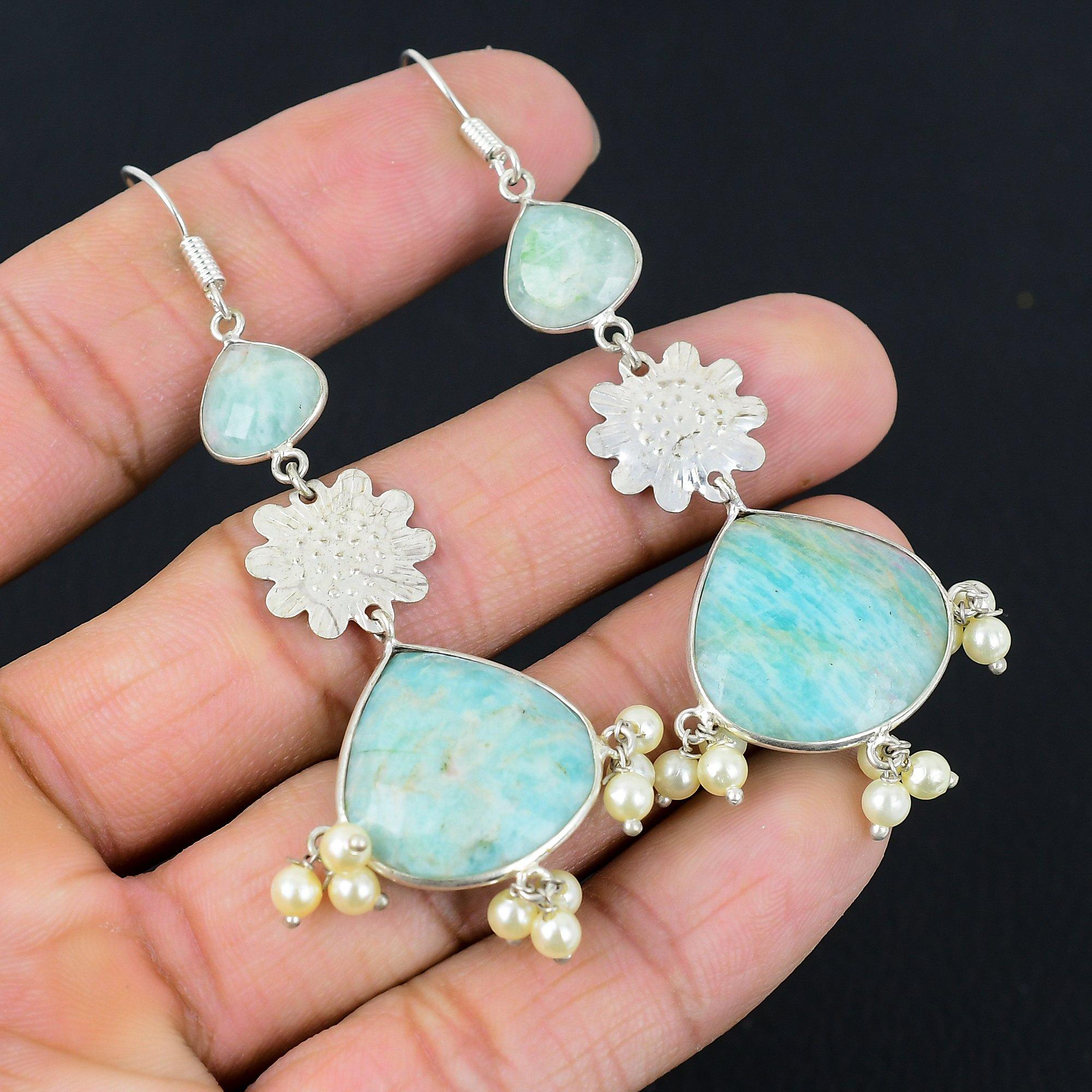 

925 Sterling Silver Amazonite Gemstone Trendy Dangling Daughter Earrings Jewelry