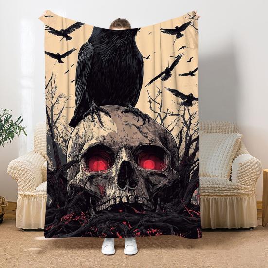 Gothic Flannel Blanket Creepy Red Eye Skull Crow Throw Blanket Washable Cozy Blanket for Men Women Boys Girls Sofa Couch Bed Use