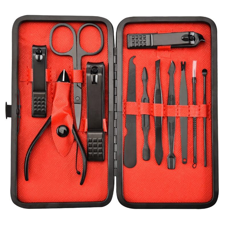 Red 18/15/12/7 Pcs Stainless Steel Black Nail Clipper Grooming Kit With Leather Travel Case Manicure Set
