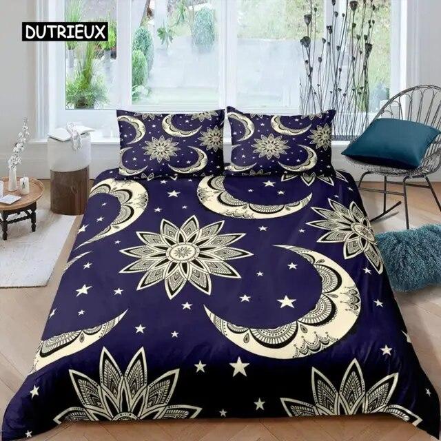 Sun Moon Duvet Cover Set Queen Microfiber Bohemian Black and White Print Yin Yang Comforter Cover Galaxy Star Twin Bedding Set Three Piece Set