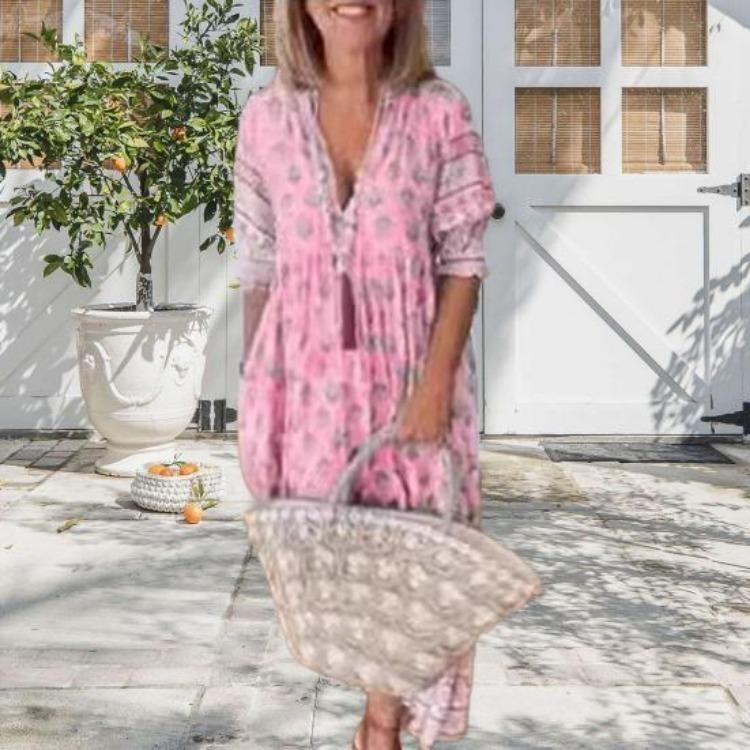 Letnia Sukienka Maxi Styl Bohemian Wysoki Stan Linia A Plisowana Rozkloszowana Z Nadrukiem Dekolt V Rękawy Latarenkowe Sukienka Wiosenna