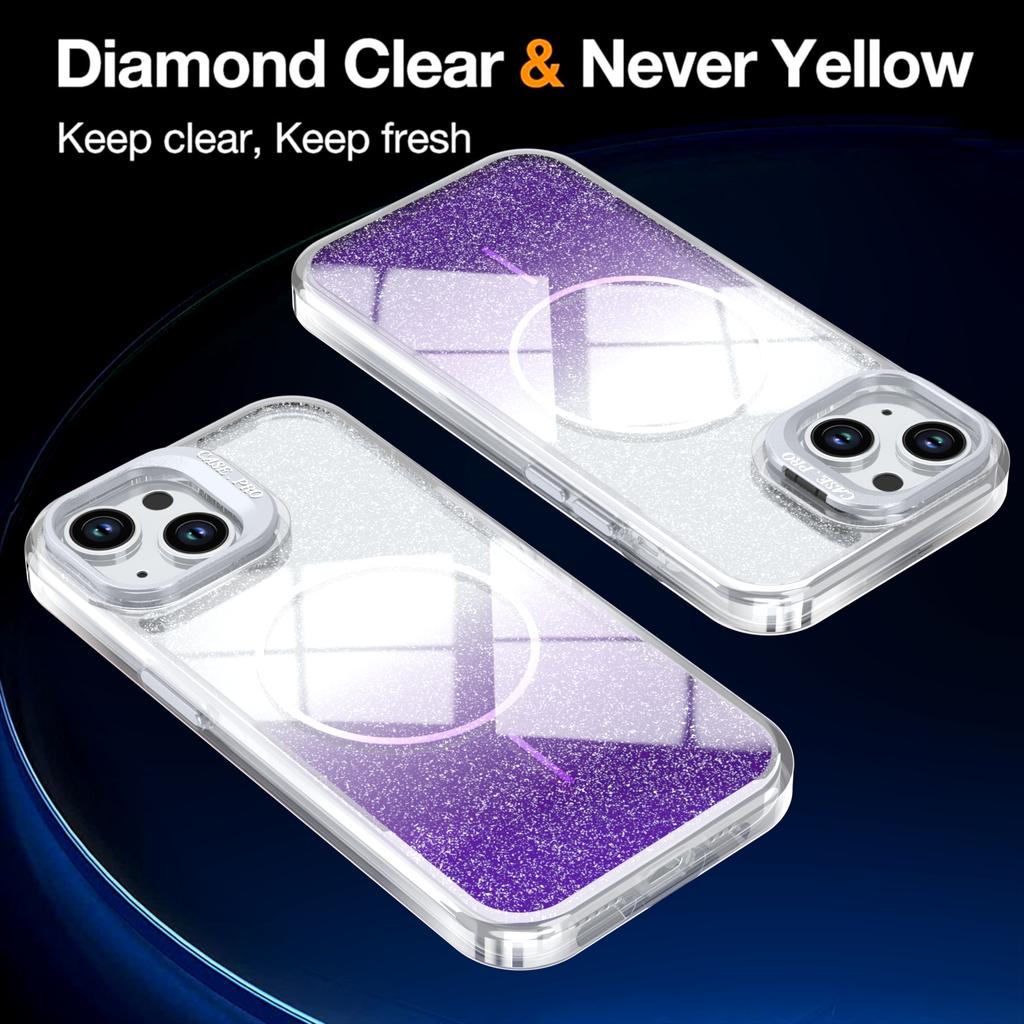 For iPhone 15 Magnetic Case Gradient Glitter Shockproof TPU PC Phone Cover Compatible with MagSafe