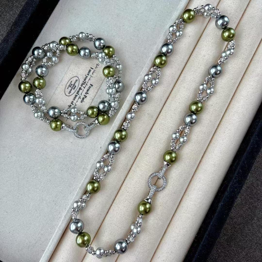 

Vintage Morandi High Gloss High Quality Faux Pearl Double Cross Collarbone Chain Sweater Chain Necklace Autumn