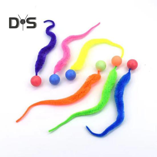 Interactive Bouncy Ball with Tail Colorful Fuzzy Worm Bouncy Ball Cat Toy Rainbow Worm Cat Chasing Toy for Indoor Cats
