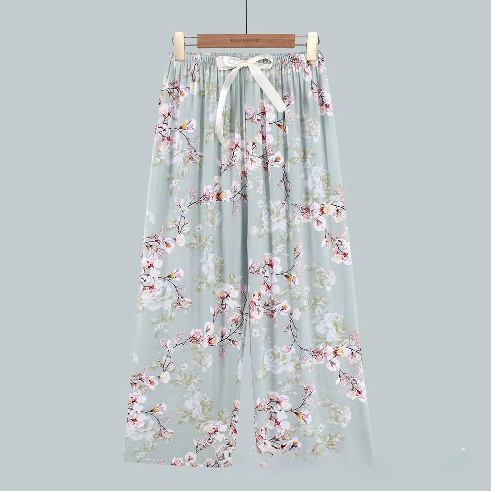 Women's Pajama Bottoms Floral Print Cuff Pants Wide Leg Pj Pants Elastic Waist Sleep Pants Loungewear Nightwear