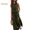 Women Summer Dress Pleated Round Neck Sleeveless Solid Color Loose Slit Hem Maxi Dress Daily Date Party Wear Long Dress