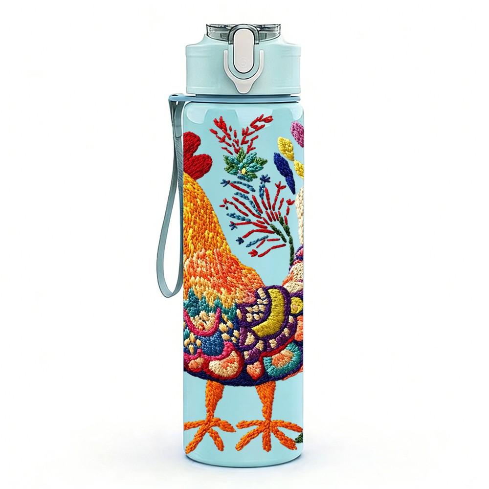 1PC Colorful Rooster Folk Art Pattern 750ml Color Plastic Sports Water Bottle Leakproof Flip Straw Lid Suitable for Sports Office Home Use