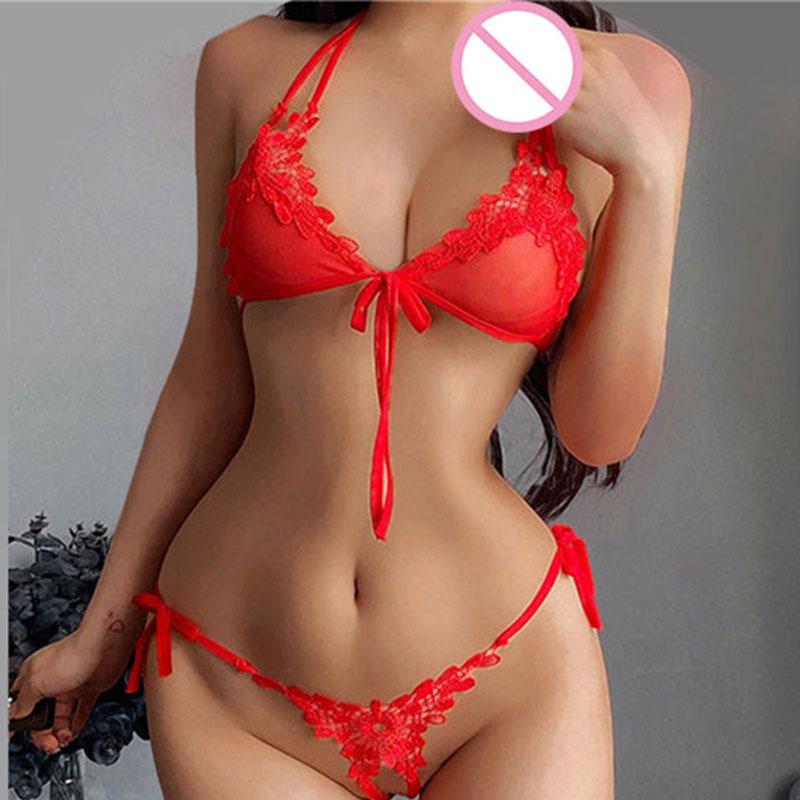 Mini Hot Sexy Set Women's Lingerie Lacing Bra Crotchless Thong Erotic Clothes Sex Sets With Stockings Panties Female Underwear