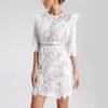 European and American White Temperament Lace Round Neck Half Sleeve Hook Flower Hollow Lace Commuter Slim Hip Wrap Dress Women