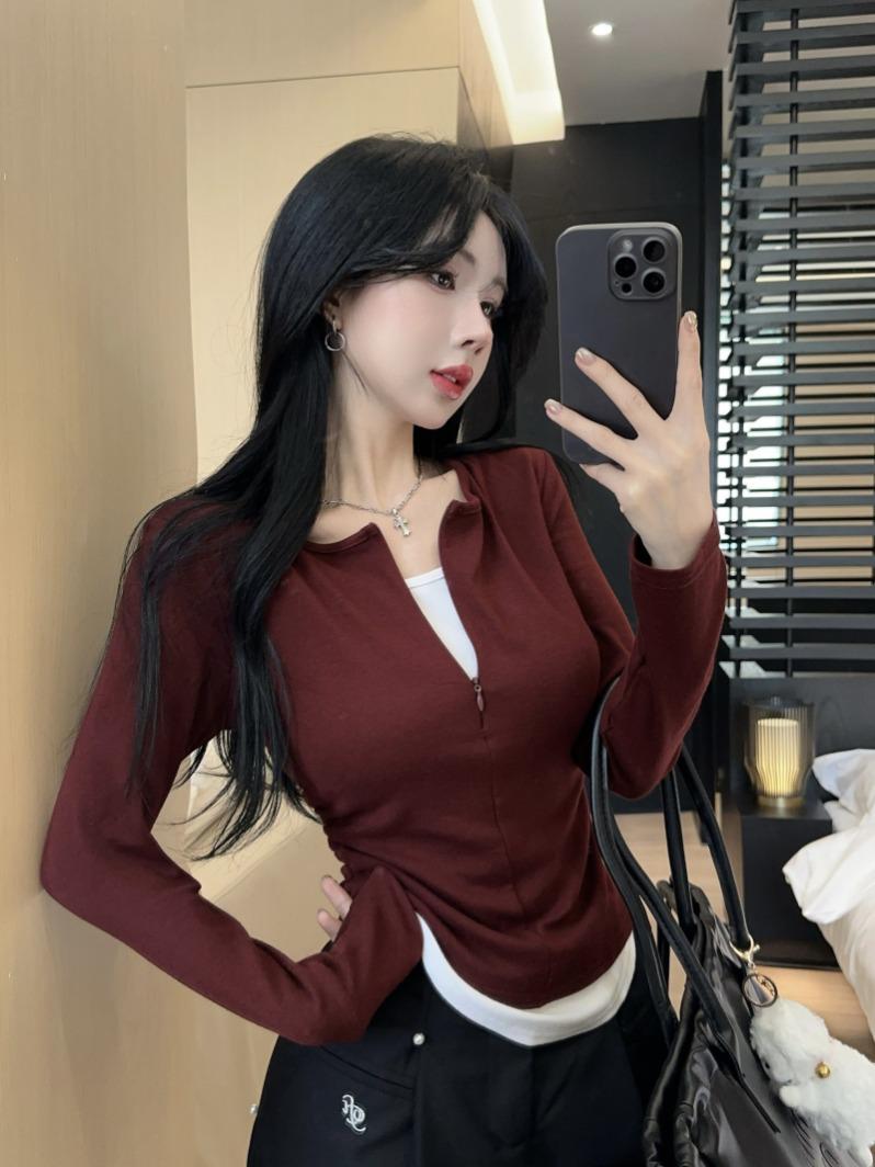 

Женский красный топ с V-образным вырезом и длинными рукавами, с эффектом двух частей - Осень/Зима, в стиле американской горячей девушки. S вино красного