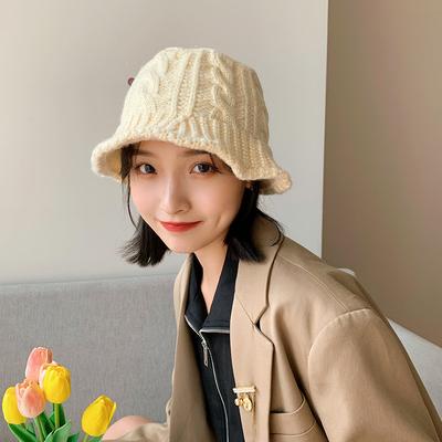 Woll-Fischerhut für Damen im Herbst und Winter Koreanischer Stil Vielseitig Japanisch Niedlich Trendig Zeigt das Gesicht Kleiner Beiger Strickhut Beanie-Mütze