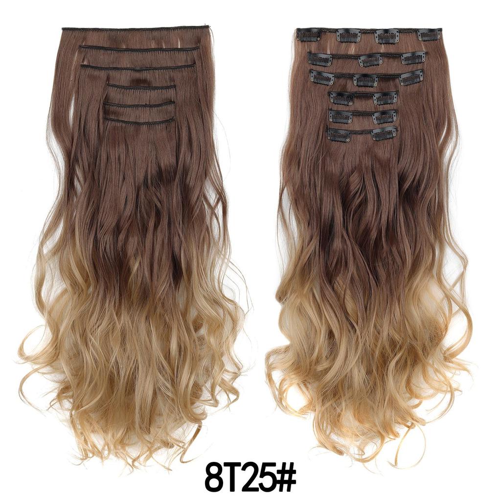 6PCS Set Hairpiece Clip In Hair Extensions Long Wavy Hair Full Head Brown Ombre Gradient Color Natural Look