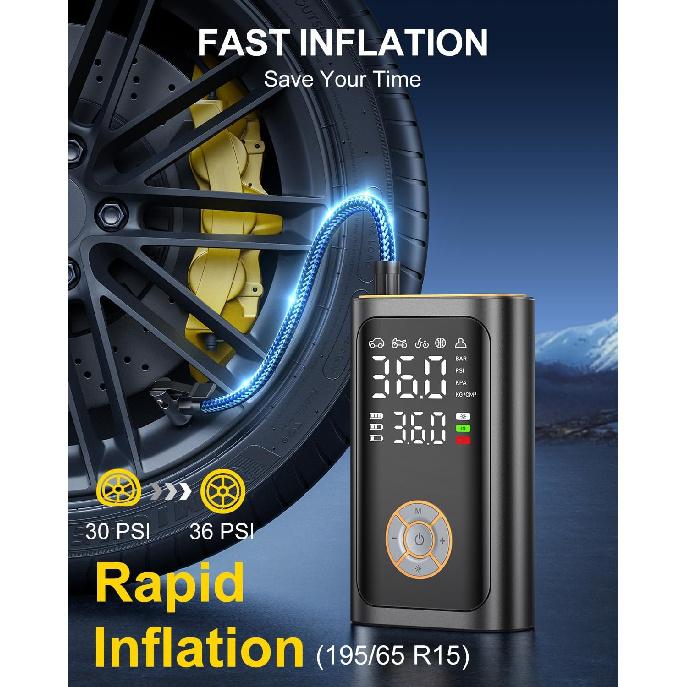 Tire Inflator Portable Air Compressor - 150 PSI Portable Air Pump for Car Tires, Cordless Electric Bike Tire Pump with Digital Pressure Gauge, LED