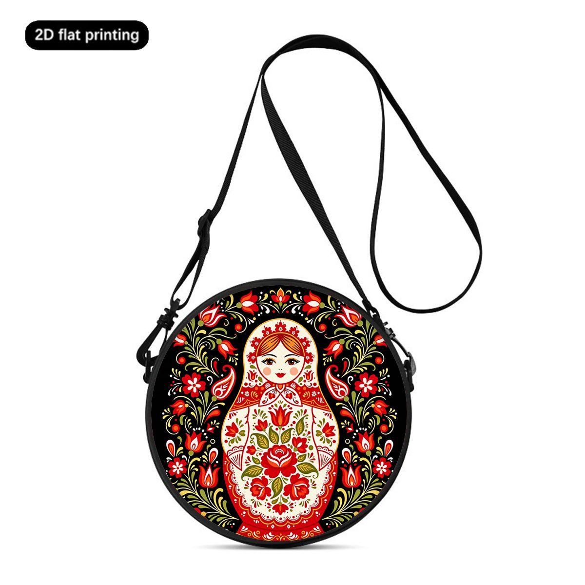Fancy Style Studio Russische Matroesjka Print Dames Ronde Crossbody Tas Vintage Cirkel Schoudertas Verstelbare Riem Reizen Messenger Bag Cadeau black