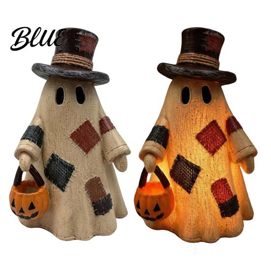Decorazioni di Halloween per Fattoria Fantasma Patchwork Illuminato Statuetta in Resina con Lanterna di Zucca Stile Rustico Artigianato Stagionale Lampada da Tavolo Autunno Vintage