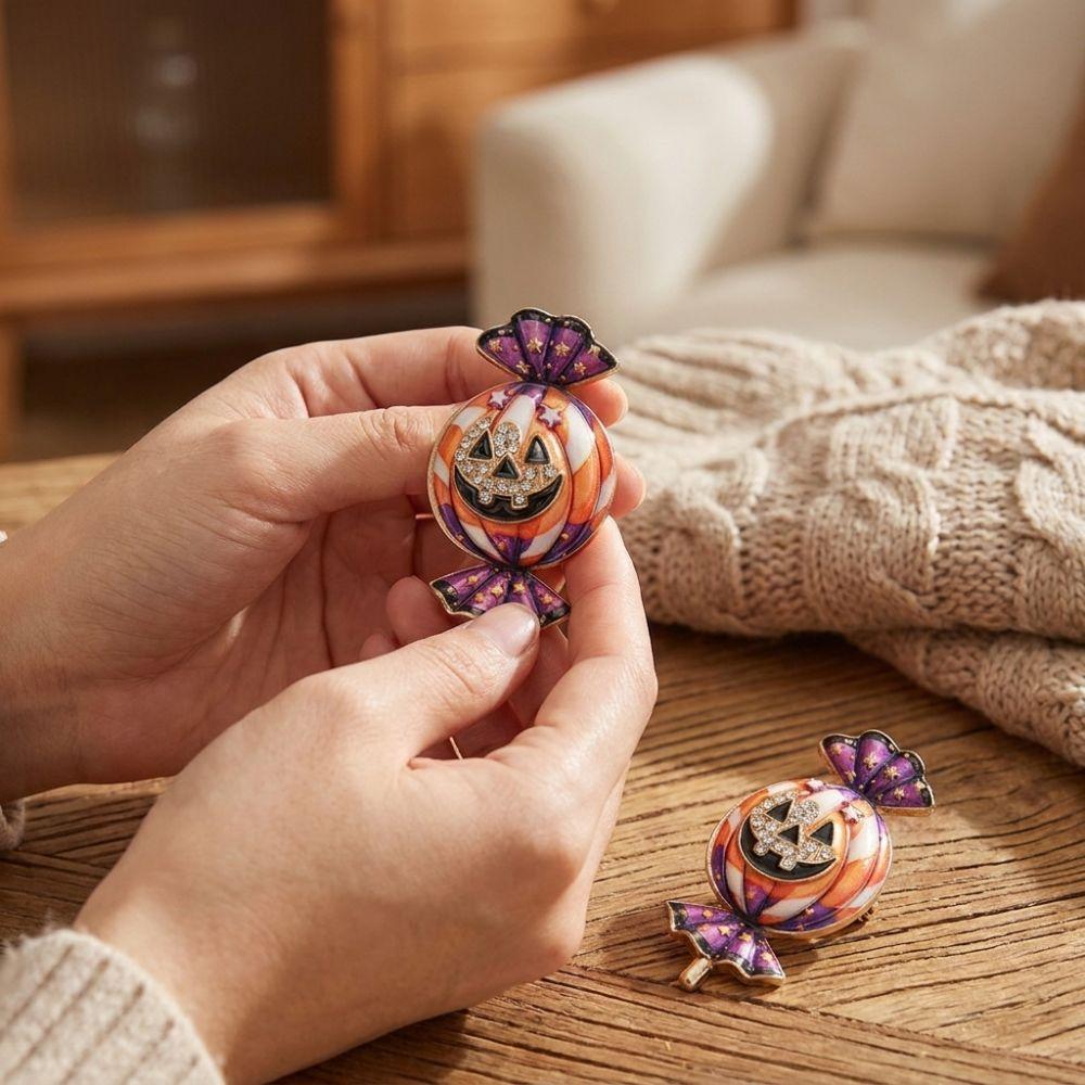 Zinc Zinc Alloy Halloween Pumpkin Candy Brooch Pin Shining Rhinestone Lapel Pin  For Women Unisex