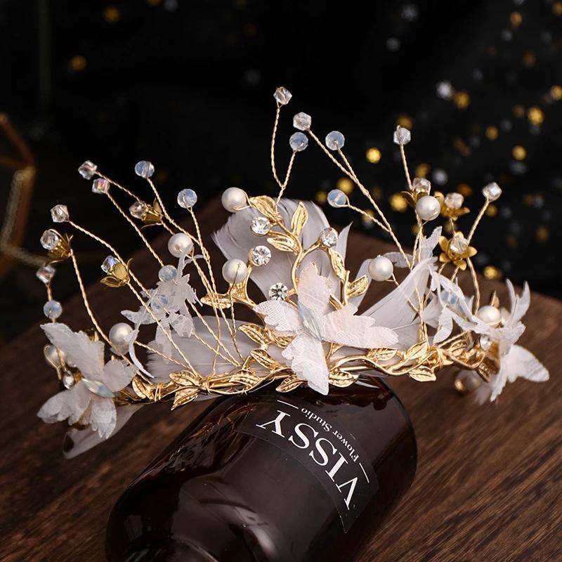 Fashion Gold Wedding Butterfly Headband Bohemian Headpiece Crystal Pearl Hair Vine Flower Halo Bridal Hair Accessories
