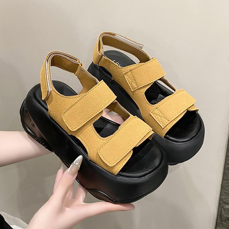 Fashion Platform Beach Shoes Suede Leather Round Head Peep Toe Hook & Loop Thick Bottom Casual Sandals Top Quality