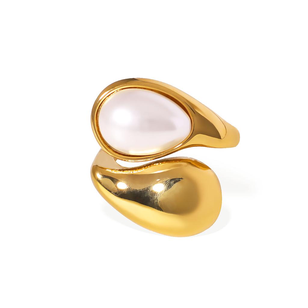 18K Gold Plated Stainless Steel Flower Pearl Ring, Custom Vintage Statement Ring for Cocktail Party Birthday Gift