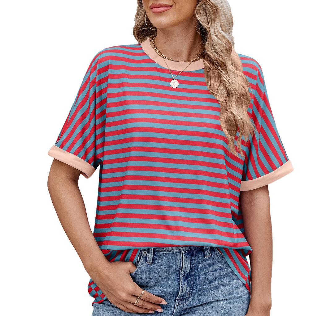 Summer Loose Fit Striped Round Neck T-Shirt Women
