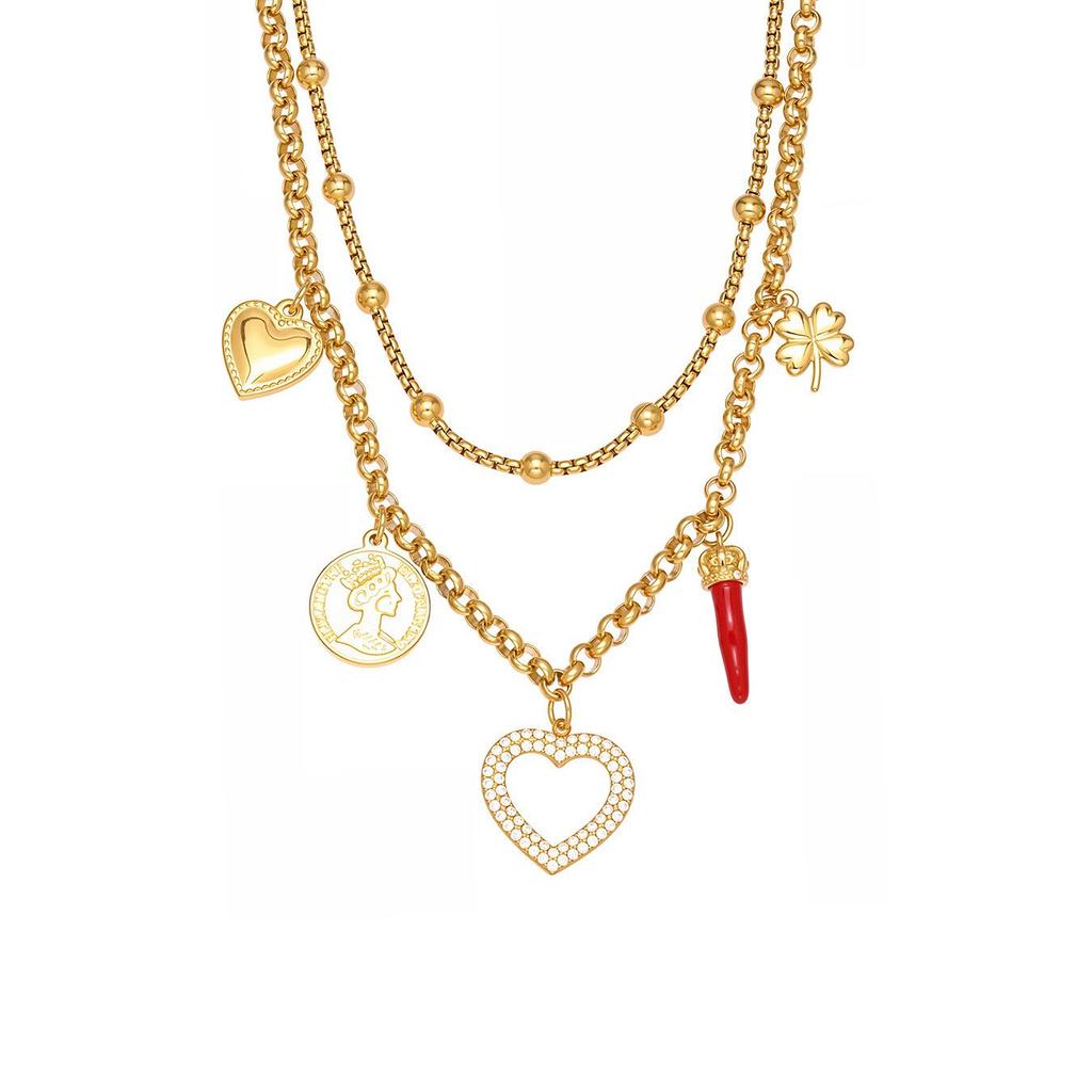 Qiong Yao 5A Zirconia Clover Heart Double Layer 18K Gold-Plated Necklace