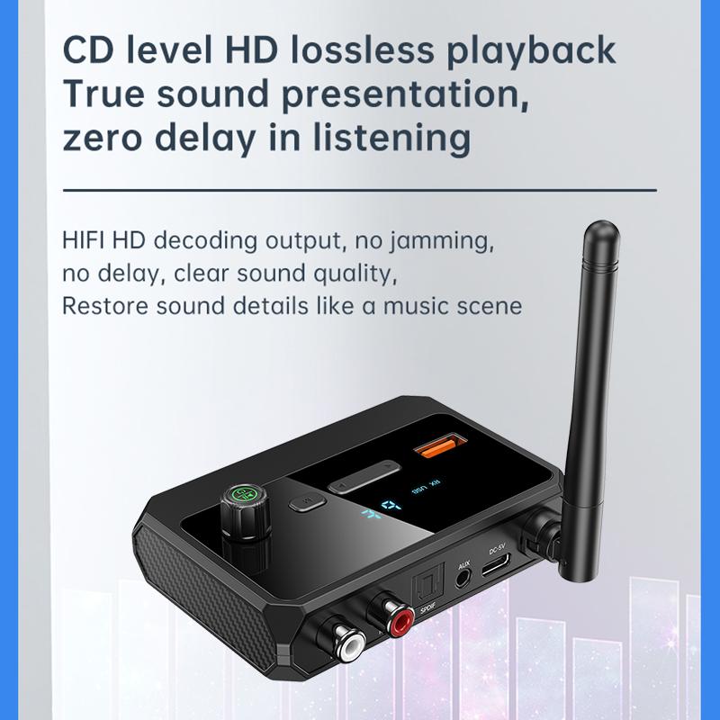 Bluetooth 5.3 audio vevő támogatás USB U-Disk Play vezeték nélküli adapter R/L 2 RCA/3.5MM AUX/optikai szálas csatlakozó autóskészlet hangszóróhoz