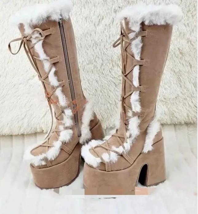 Fashion New Winter Women Snow Boots Platform Wedge High Heel Faux Fur Lady Shoes Female Plush Warm Non-slip Mid Calf Boots Goth Shoes