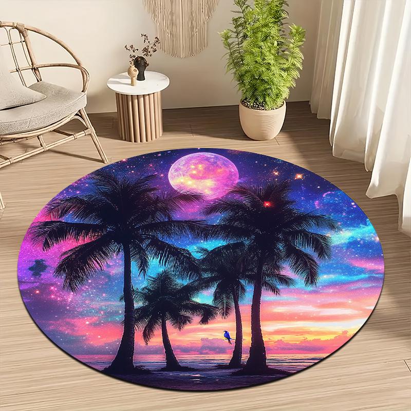 Dreamy palm tree Flannel-printed round floor mats are slip-resistant Suitable for living room bedroom terrace garden carpets